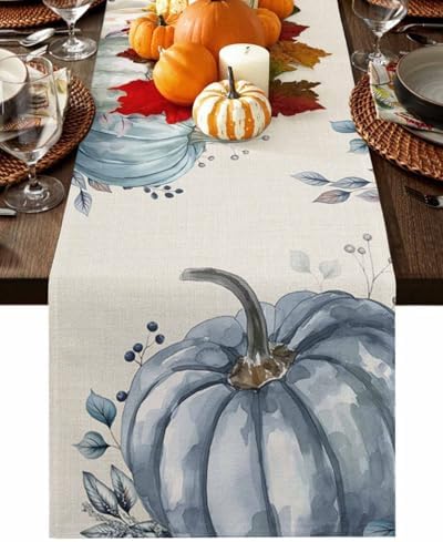 Fall Pumpkin Table Runner Dresser Scarf 13 x 36 Inch White Blue Leaves Rustic Table Runners Non-Slip Heat Resistant Kitchen Dining Table Decor for Autumn Thanksgiving Holidays Indoor Outdoor
