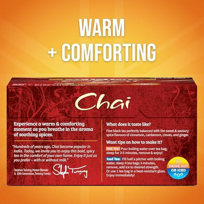 Twinings Chai Black Tea Individually Wrapped Bags, 50 Count (Pack of 6), Sweet, Savoury Spices, Caffeinated, Enjoy Hot or Iced, 300 Teabags