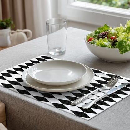Batmerry Black White Diamond Linen Placemats Set of 8, Abstract Black and White Harlequin Washable Table Mats for Kitchen Table Thickened Heat Insulation Dining Set Indoor Outdoor 12X18 in