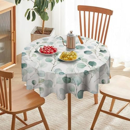 Eucalyptus Leaf Tablecloth, Spring Botanical Sage Green Watercolor Floral Plant Branches Print Table Cloth for Home Kitchen Dining Outdoor Patio Wedding Decor, 70x70in