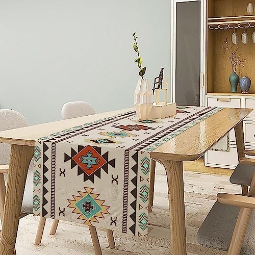 Aztec Southwest Table Runner,Ethnic Style Design Geometric Table Runners Table Setting Decor for Garden Farmhouse Wedding Party Holiday Dinner Home 13x120 Inch