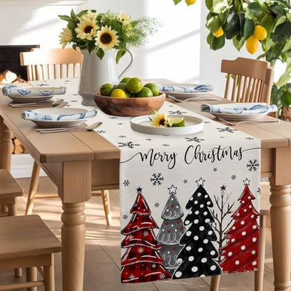 Red Black Christmas Tree Table Runner Dresser Scarf 13 x 36 Inch Polka Dots Xmas Tree Snowflake Linen Table Runners Non-Slip Heat Resistant Kitchen Dining Table Decor for Home Holidays Indoor Outdoor