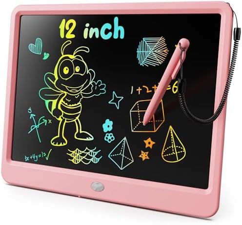 KOKODI LCD Writing Tablet, 12 Inch Colorful Toddler Doodle Board Drawing Tablet, Erasable Reusable Electronic Drawing Pads, Educational and Learning Toy for 3-6 Years Old Boy and Girls(Pink)