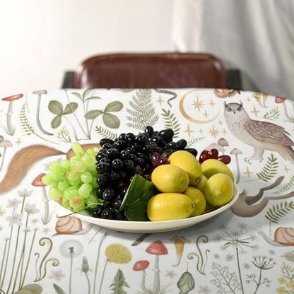 Country Forest Tablecloth, Wild Animal Hare Squirrel Owl Snake Snail Flowers Mushroom Table Cover for Tea Party Weddings Indoor Outdoor Dining 55x75in