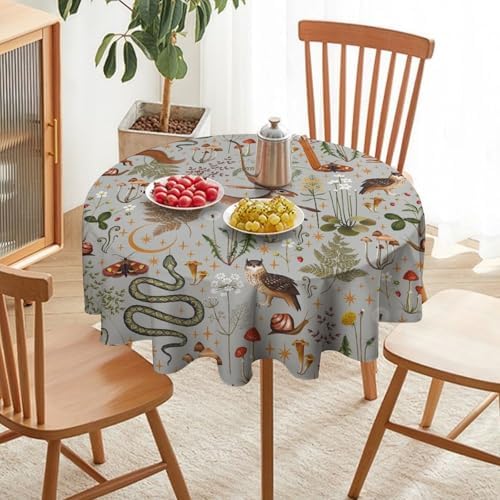 Woodland Animal Tablecloth, Grey Country Forest Hare Squirrel Owl Snake Snail Flowers Mushroom Print Table Cover for Picnic Party Holiday Home Kitchen Dining Table Decor, 70x70in
