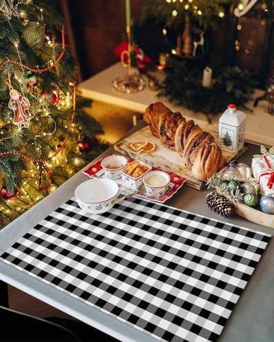 Rustic Black White Buffalo Check Plaid Pattern Placemats Set of 6, Farmhouse Heat Resistant Washable Table Place Mats Cotton Table Linens Party Holiday Decor for Kitchen Dining Outdoor Indoor