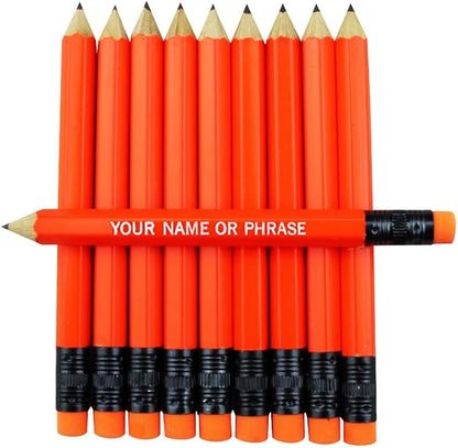 EZPENCILS & GIFTS - Golf Pencils Tipped with Eraser (1/2 a Pencil - Pew Pencils) - Neon Orange Colored Barrel - FREE-PERSONALIZATION - 2HB Black Lead - Custom Text - Non-Smear Eraser – Package of 90