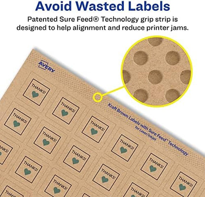 Avery® Kraft Brown Square Labels, Sure Feed® Technology, 1" x 1", 1,200 Kraft Brown Labels, Print-to-The-Edge, Laser/Inkjet Printable