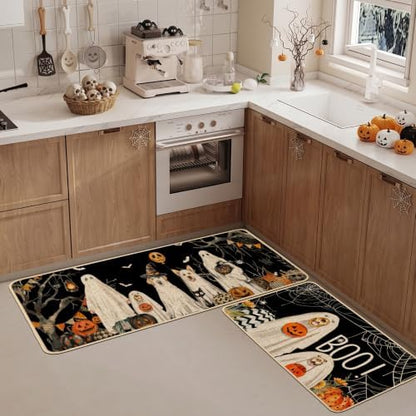 Baccessor Halloween Kitchen Rugs Set of 2, Ghost Boo Dog Pumpkin Spider Web Kitchen Mats for Floor Washable Low-Profile Farmhouse Spooky Holiday Home Indoor Outdoor Decor 17x29 and 17x47 Inch