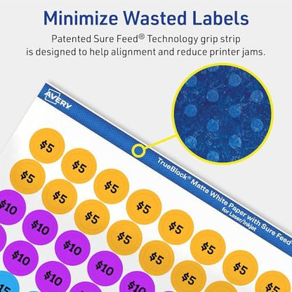 Avery® TrueBlock® Matte White Round Labels, Sure Feed® Technology, 0.5" Diameter, 7,700 Matte White Labels, Print-to-The-Edge, Laser/Inkjet Printable, Great for Product Merchandising Stickers
