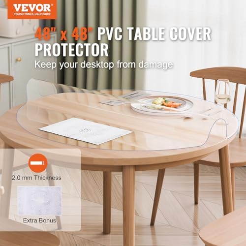 VEVOR Plastic Table Cover, 48 x 48 Inch 2.0 mm Thick Clear Round PVC Desk Mat Protector, Waterproof & Easy Cleaning Tablecloth for Office, Dresser, Dining Room, Night Stand