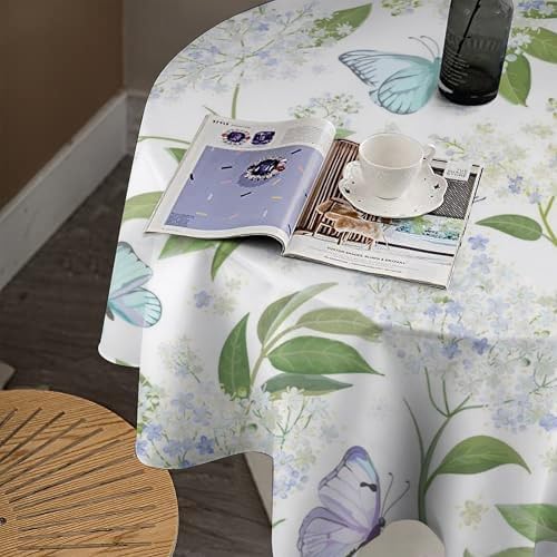 Butterfly Floral Tablecloth, Spring Summer Watercolor Flowers Plants Leaves Print Table Cover for Party Picnic Dinner Decor, 70x70in