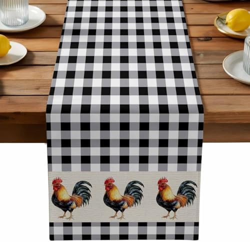 Farm Animals Chicken Table Runner Dresser Scarf 13 x 72 Inch Black White Buffalo Plaid Linen Table Runners Non-Slip Heat Resistant Kitchen Dining Table Decor for Home Holidays Indoor Outdoor