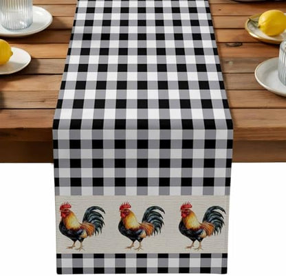 Farm Animals Chicken Table Runner Dresser Scarf 13 x 120 Inch Black White Buffalo Plaid Linen Table Runners Non-Slip Heat Resistant Kitchen Dining Table Decor for Home Holidays Indoor Outdoor