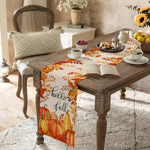 Fall Pumpkin Table Runner Dresser Scarf 18 x 72 Inch Harvest Orange Maple Leaves Table Runners Non-Slip Heat Resistant Kitchen Dining Table Decor for Autumn Thanksgiving Holidays Indoor Outdoor