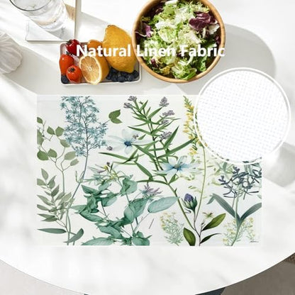 Batmerry Summer Green Sage Linen Placemats Set of 8, Vintage Plant Leaves Elegant Blue Wild Flowers Washable Table Mats for Kitchen Table Thickened Heat Insulation Dining Set Indoor Outdoor 12X18 in
