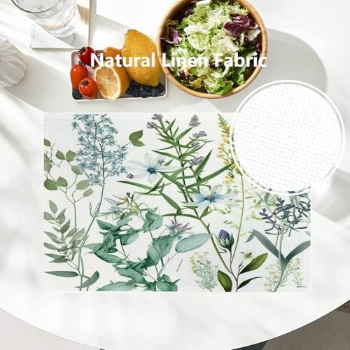 Batmerry Summer Green Sage Linen Placemats Set of 6, Vintage Plant Leaves Elegant Blue Wild Flowers Washable Table Mats for Kitchen Table Thickened Heat Insulation Dining Set Indoor Outdoor 12X18 in