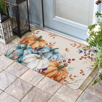 Fall Door Mat Orange Blue Pumpkin Doormat Autumn Floral Maple Leaves Harvest Thanksgiving Welcome Mat Non Slip Rubber Entryway Front Rug Floor Mat for Indoor Outdoor Kitchen Autumn Holiday Decor 18x30