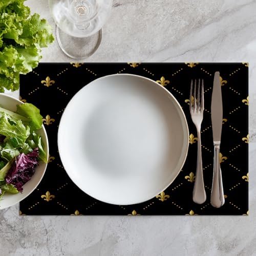 Batmerry Gold Black French Placemats, Flowers Golden Fleur De Lis Black Gold from Art Washable Linen Table Mats for Kitchen Table Double Insulation Decor Dining Set Indoor Outdoor 12X18 in Set of 6