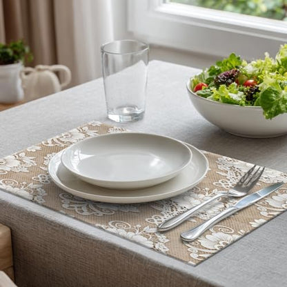 Batmerry Floral Placemats, Template White Lace Background Washable Linen Table Mats for Kitchen Table Double Insulation Decor Dining Set Indoor Outdoor 12X18 in Set of 6