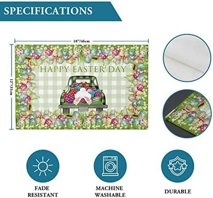 Happy Easter Spring Holidays Vintage Farm Trucks Colorful Eggs Placemats Set of 4,Green Gingham Plaid Patterns Cotton Line Fabric Heat Resistant Washable Mats Decoration for Home Kitchen Dining Party