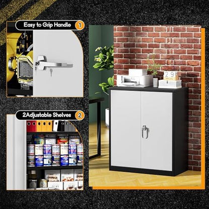 Greenvelly Metal Garage Storage Cabinet, Lockable Metal Cabinets with 2 Doors and Shelves,36” Steel Storage Locking Counter Cabinet for Office,Garage,Kitchen,Home,School(Black Grey)