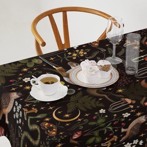Rustic Forest Tablecloth, Fairy Tale Forest Woodland Wild Animals Moths Flowers Moon Star Table Cover for Home Kitchen Dining Table Party Camping Decor 60x120in