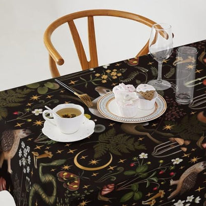 Rustic Forest Tablecloth, Fairy Tale Forest Woodland Wild Animals Moths Flowers Moon Star Table Cover for Home Kitchen Dining Table Party Camping Decor 60x120in