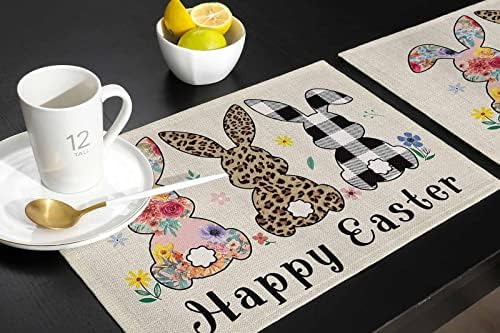Artwork Store Happy Easter Placemats Set of 6,Cotton Linen Heat Resistant Table Mats Washable Cute Easter Bunny Florals Flowers Rabbit Placemat for Holiday Banquet Party Dining Kitchen Table Decor