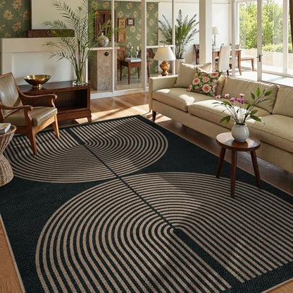 Lahome Modern Rainbow Easy Jute Outdoor Rug 6x9, Black Patio Classroom Rug