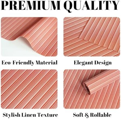 Placemats Set of 12 Vinyl/Plastic Woven Place Mats for Kitchen Table Indoor/Outdoor Washable Placemat Wipeable Dining Table Mats (Red Stripes,12)