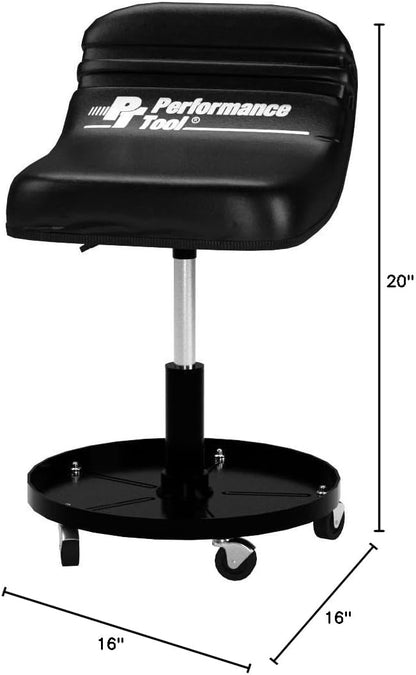 Performance Tool W85020 Tractor Creeper Rolling Work Seat with Storage Tray for Mechanic Garages and Workshops, Black, 24-inch Height