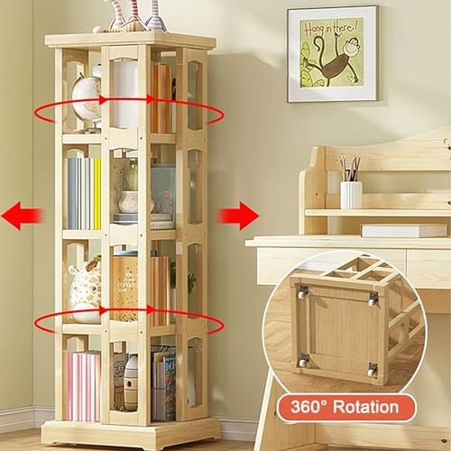 GAMAK Rotating Bookshelf 360 Display 4 Tier Floor Standing Bookcase Small Book Shelf Stand on Wheels Kids Bookshelf and Storage Rack for Small Space (Size : Pine, Color : Four)