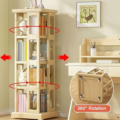 GAMAK Rotating Bookshelf 360 Display 4 Tier Floor Standing Bookcase Small Book Shelf Stand on Wheels Kids Bookshelf and Storage Rack for Small Space (Size : Pine, Color : Four)