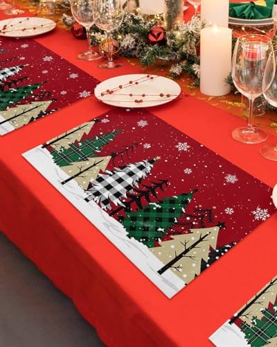 Red Merry Christmas Placemats Set of 6, Green Christmas Tree Heat Resistant Washable Table Place Mats White Snow Forest Winter Cotton Table Linens Party Holiday Decor For Kitchen Dining Outdoor Indoor