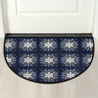 Christmas Blue Decoration Half Round Door Mat Non Slip Washable Semi Circle Area Rug Absorbent Soft Half Moon Rug Floor Mat for Indoor Outdoor Kitchen Bathroom Patio Front Door Mat Decor