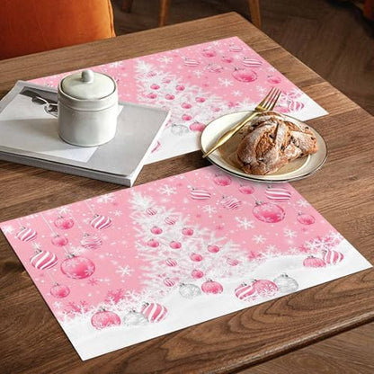 Pink Christmas Placemats Set of 6, White Xmas Tree Snowflakes Pink Balls Heat Resistant Washable Table Place Mats Winter Cotton Table Linens Party Holiday Decor for Kitchen Dining Outdoor Indoor