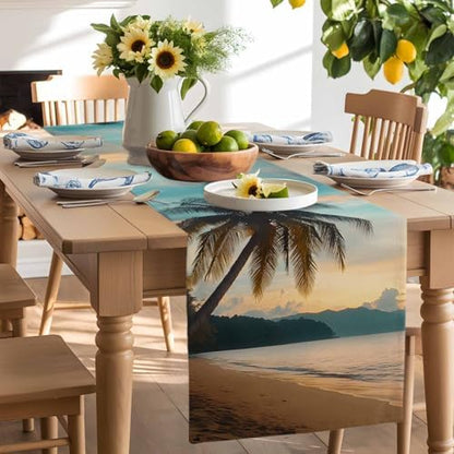 Sunset Beach Table Runner Dresser Scarf 13 x 72 Inch Tropical Coastal Ocean Palm Tree Nautical Table Runners Non-Slip Heat Resistant Kitchen Dining Table Decor for Home Holidays Indoor Outdoor