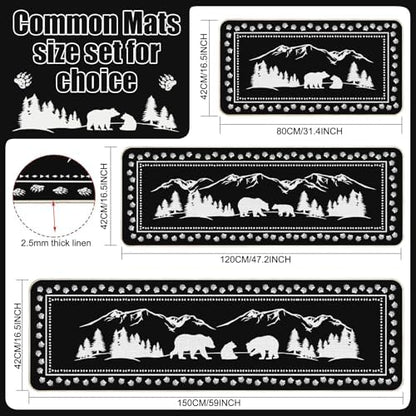 Pickmesh Set of 3 Kitchen Mats Cabin Bear Rugs Woodland Nursery Mat Decor Rustic Lodge Theme Area Rug with Bear and Cub Mountain Scene Cabin Carpet for Home Bathroom (Classic Style)