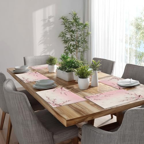 Batmerry Pink Cherry Blossom Linen Placemats Set of 6, Delicate Spring Blossoms Washable Table Mats for Kitchen Table Thickened Heat Insulation Dining Set Indoor Outdoor 12X18 in