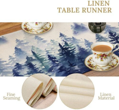 Watercolor Blue Pine Trees Table Runner, Forest Woodland Tabletop Scarf Home Kitchen Holiday Decor, Seasonal Farmhouse Rustic Dining Decorations Party Supply 13 X 36 Inch