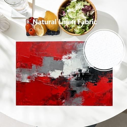 Batmerry Abstract Oil Painting Linen Placemats Set of 8, Art Red Grey Scarlet Modern Artwork Washable Table Mats for Kitchen Table Thickened Heat Insulation Dining Set Indoor Outdoor 12X18 in