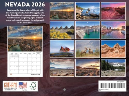 Nevada Calendar 2026 Wall 12 Month Monthly NV Scenic Souvenirs Themed Gifts | American Made In The USA
