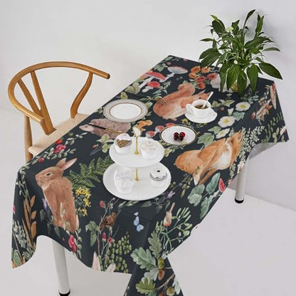 Watercolor Forest Tablecloth, Rustic Woodland Animals Squirrel Rabbit Fox Wild Flower Mushroom Leaves Print Table Cloth Cover for Kitchen Dining Indoor Outdoor Decor 60x90in