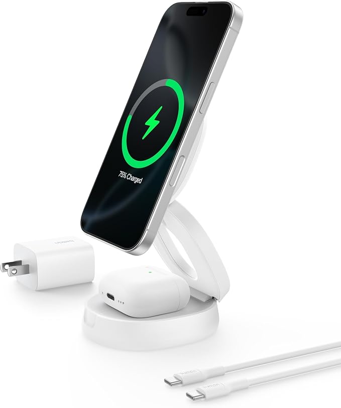 Belkin MagSafe Charger Compatible, 2-in-1 Qi2 Wireless Charging Station 15W, Convertible Charger for iPhone 17, Apple Watch, AirPods, Pixel 10, Portable Phone Stand for Travel w/ 30W Adapter - White