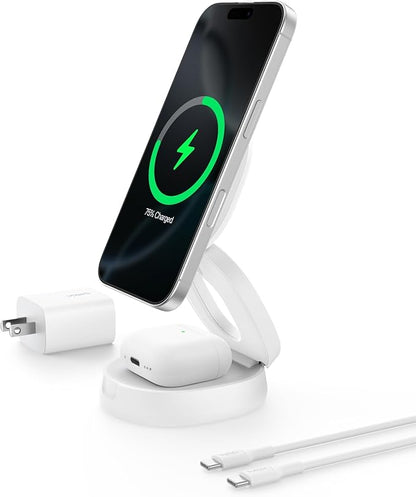 Belkin MagSafe Charger Compatible, 2-in-1 Qi2 Wireless Charging Station 15W, Convertible Charger for iPhone 17, Apple Watch, AirPods, Pixel 10, Portable Phone Stand for Travel w/ 30W Adapter - White