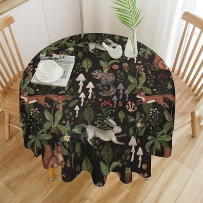 Cartoon Woodland Tablecloth, Watercolor Rustic Forest Wild Animals Bunny Rabbit Squirrel Mushroom Plants Print Table Cloth for Indoor Outdoor Dining Table Party Picnic Decor, 50x50in