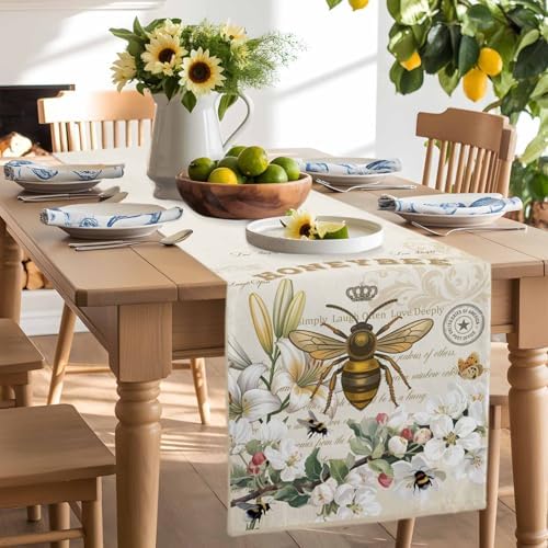Bee Table Runner Dresser Scarf 13 x 120 Inch Farmhouses Honeybee White Floral Plants Retro Beige Table Runners Non-Slip Heat Resistant Kitchen Dining Table Decor for Home Holidays Indoor Outdoor
