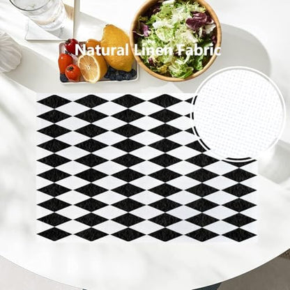Batmerry Black White Diamond Placemats,Abstract Black White Harlequin Washable Linen Table Mats for Kitchen Table Double Insulation Decor Dining Set Indoor Outdoor 12X18 in Set of 4