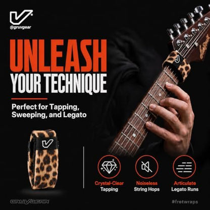 Gruv Gear Fret Wrap & Guitar Mute, Fretwrap for Acoustic, Electric & Bass | String Dampener Recording, Tapping & Practice Accessory (1 Pack, Medium Leopard, Fits 5 String Bass, 7 String Guitar)